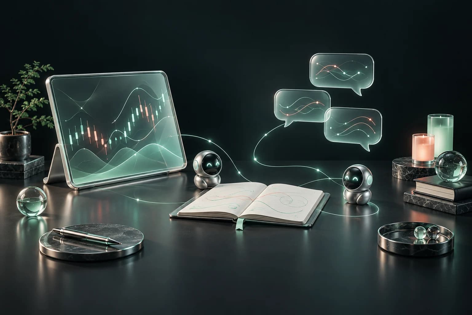 Illustrative trading workspace with a chart, analysis and visual strategy development.