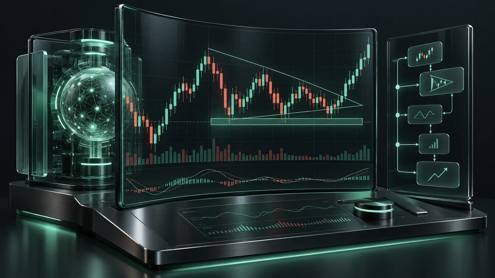 Illustration: A modern analysis workspace with a candlestick chart, pattern recognition and a visual strategy workflow.